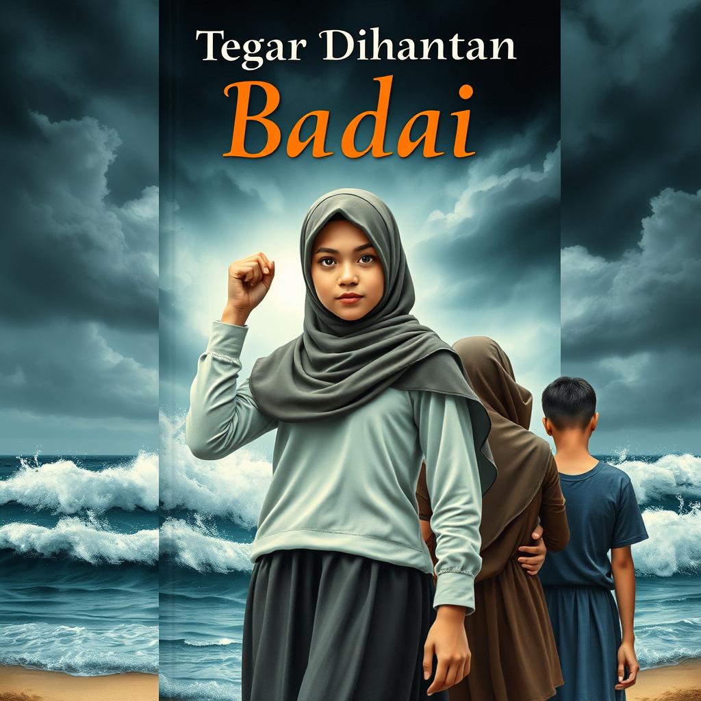 A beautiful book cover featuring a strong high school girl wearing a hijab, determinedly standing against a fierce storm