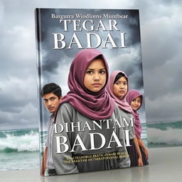 A beautiful book cover featuring a strong high school girl wearing a hijab, determinedly standing against a fierce storm