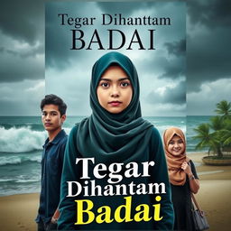 A beautiful book cover featuring a strong high school girl wearing a hijab, determinedly standing against a fierce storm