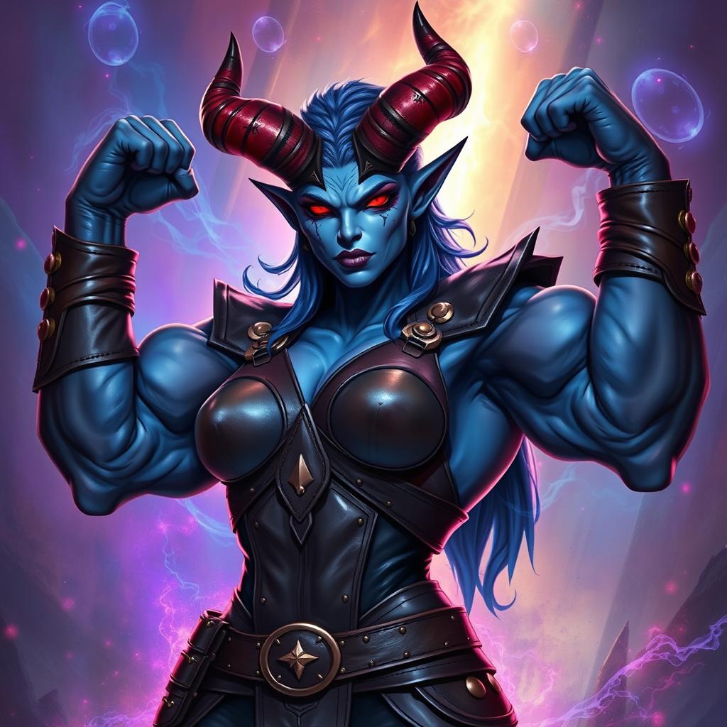 A huge, muscular blue female tiefling with impressive horns and glowing red eyes, flexing her enormous muscles while adorned in stylish, form-fitting leather armor that accentuates her powerful physique