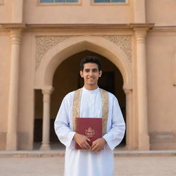 An Arabic high school student dressed in traditional attire, with books in hand, standing in front of a historic school building.