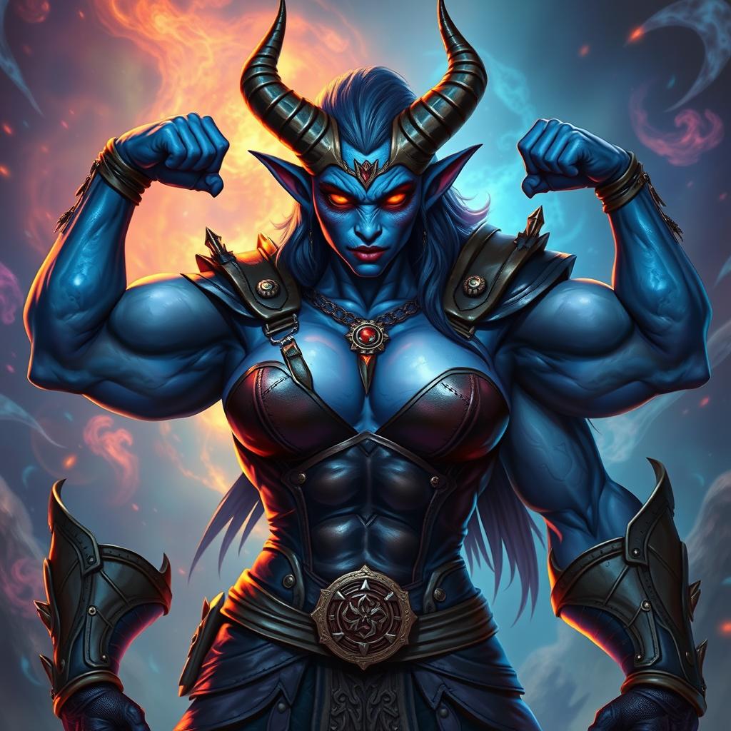 A huge, muscular blue female tiefling with impressive horns and glowing red eyes, flexing her enormous muscles while adorned in stylish, form-fitting leather armor that accentuates her powerful physique