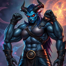 A huge, muscular blue female tiefling with impressive horns and glowing red eyes, flexing her enormous muscles while adorned in stylish, form-fitting leather armor that accentuates her powerful physique