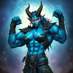 A huge, muscular blue female tiefling with impressive horns and glowing red eyes, flexing her enormous muscles while adorned in stylish, form-fitting leather armor that accentuates her powerful physique