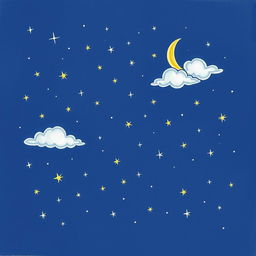 A beautifully illustrated starry sky drawing, showcasing a whimsical collection of stars twinkling against a rich, dark blue background