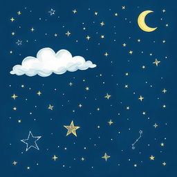 A beautifully illustrated starry sky drawing, showcasing a whimsical collection of stars twinkling against a rich, dark blue background