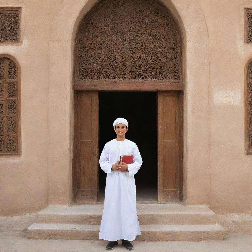 An Arabic high school student dressed in traditional attire, with books in hand, standing in front of a historic school building.