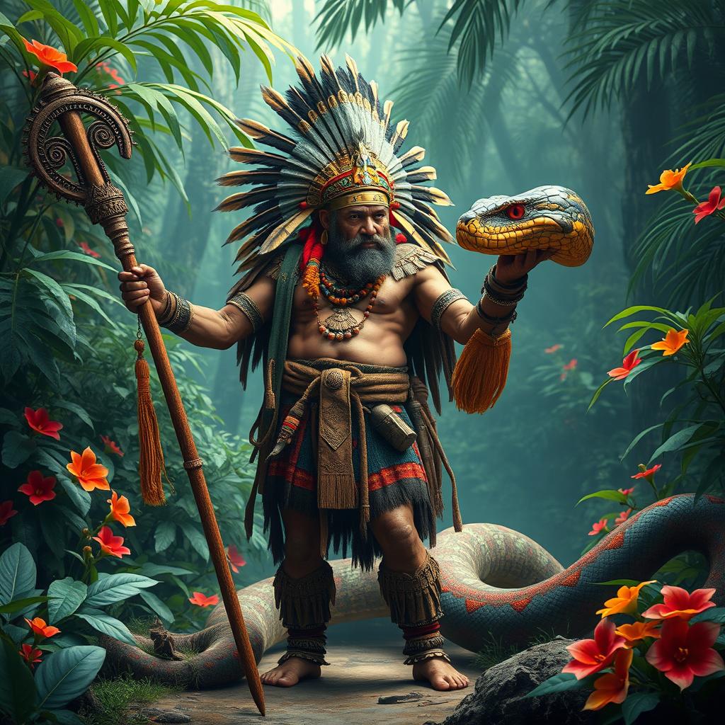 A middle-aged Aztec warrior standing proudly, wielding a ceremonial macuahuitl, adorned in traditional Aztec warrior attire with intricate feathered headdresses and markings