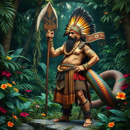 A middle-aged Aztec warrior standing proudly, wielding a ceremonial macuahuitl, adorned in traditional Aztec warrior attire with intricate feathered headdresses and markings