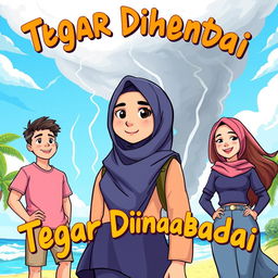 A vibrant cartoon illustration featuring a beautiful high school girl wearing a hijab, showcasing her strength and determination as she stands against a storm