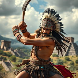 A middle-aged Aztec warrior in a powerful action pose, swinging a traditional macuahuitl with fierce determination