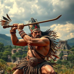 A middle-aged Aztec warrior in a powerful action pose, swinging a traditional macuahuitl with fierce determination