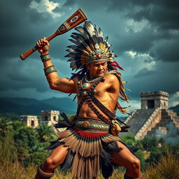 A middle-aged Aztec warrior in a powerful action pose, swinging a traditional macuahuitl with fierce determination