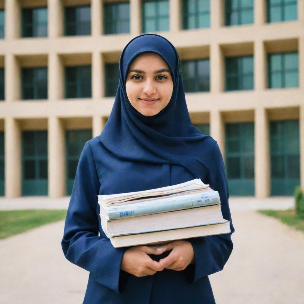 A high school girl wearing a hijab, holding a stack of textbooks, standing in front of a school building.