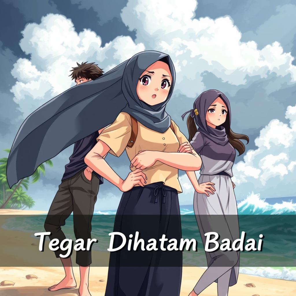 A determined and beautiful hijab-wearing schoolgirl standing strong against a storm, accompanied by a male and female friend, all depicted in a vibrant anime style