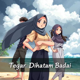 A determined and beautiful hijab-wearing schoolgirl standing strong against a storm, accompanied by a male and female friend, all depicted in a vibrant anime style