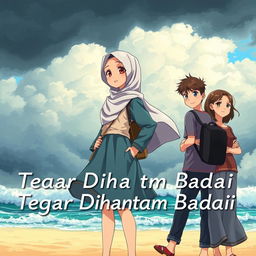 A determined and beautiful hijab-wearing schoolgirl standing strong against a storm, accompanied by a male and female friend, all depicted in a vibrant anime style