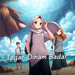 A determined and beautiful hijab-wearing schoolgirl standing strong against a storm, accompanied by a male and female friend, all depicted in a vibrant anime style