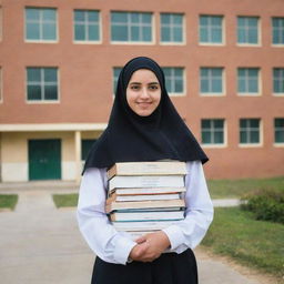 A high school girl wearing a hijab, holding a stack of textbooks, standing in front of a school building.