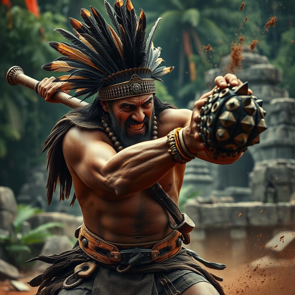 A middle-aged Aztec warrior with a fierce expression, grimacing as he swings a heavy club embedded with sharp obsidian shards