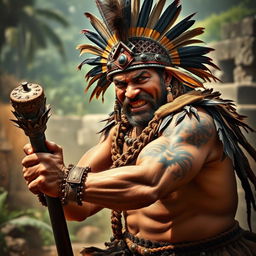 A middle-aged Aztec warrior with a fierce expression, grimacing as he swings a heavy club embedded with sharp obsidian shards