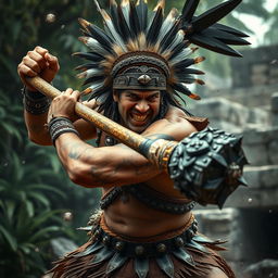 A middle-aged Aztec warrior with a fierce expression, grimacing as he swings a heavy club embedded with sharp obsidian shards