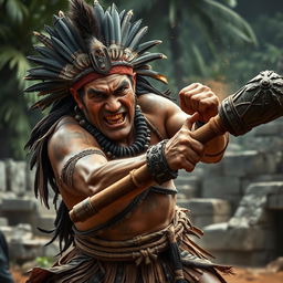 A middle-aged Aztec warrior with a fierce expression, grimacing as he swings a heavy club embedded with sharp obsidian shards