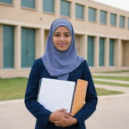 A high school girl wearing a hijab, holding a stack of textbooks, standing in front of a school building.