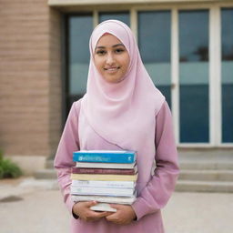 A high school girl wearing a hijab, holding a stack of textbooks, standing in front of a school building.