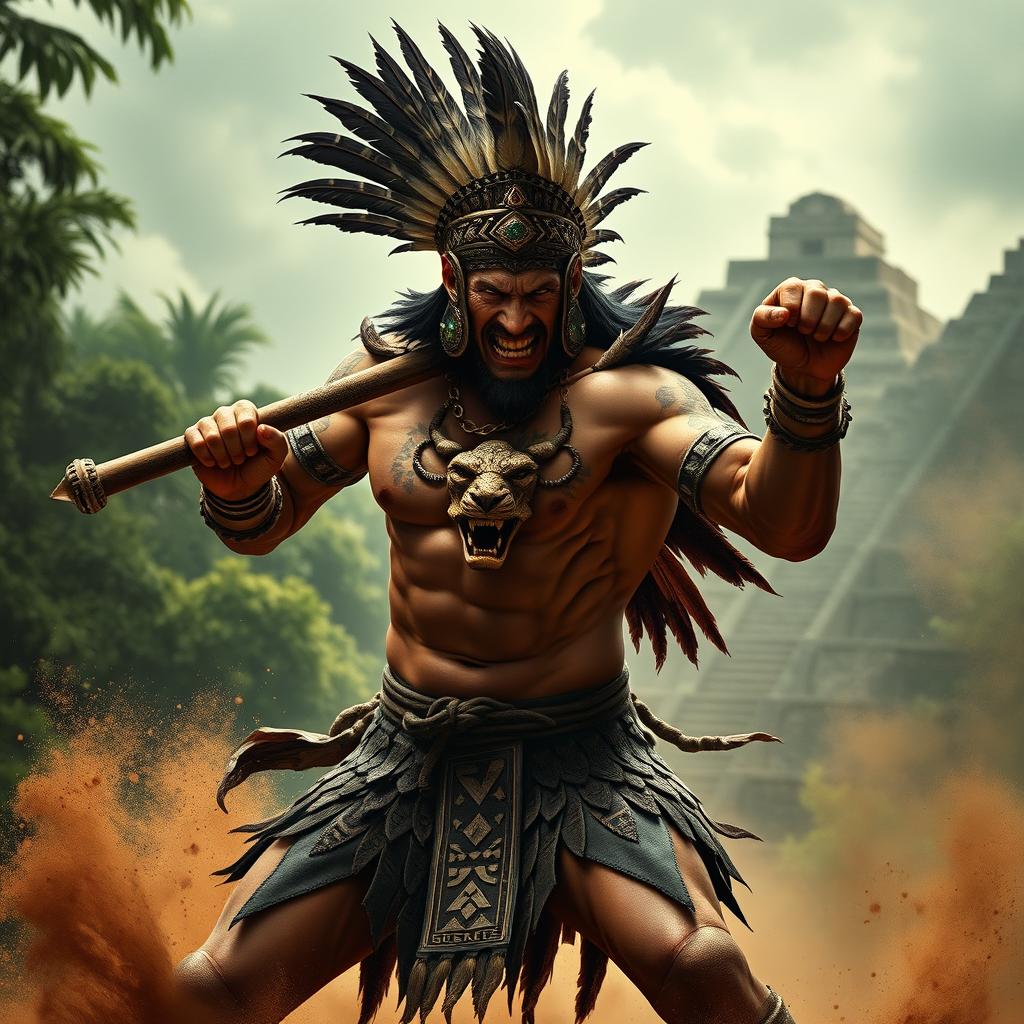 A middle-aged Aztec jaguar warrior with a fierce grimace, swinging a heavy club with great force