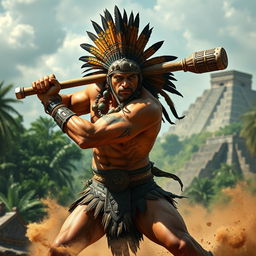 A middle-aged Aztec jaguar warrior with a fierce grimace, swinging a heavy club with great force