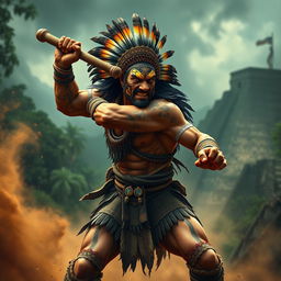 A middle-aged Aztec jaguar warrior with a fierce grimace, swinging a heavy club with great force