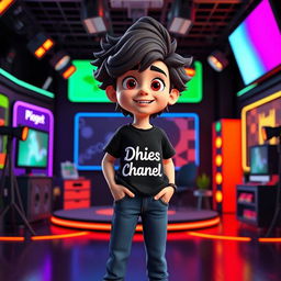 A 3D animated character of a teenage boy with long, curly hair