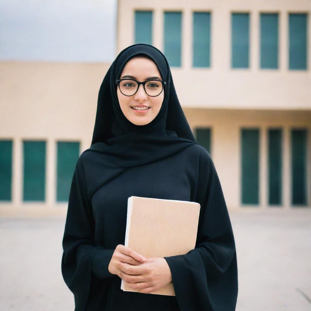 A high school girl wearing a hijab, abaya and glasses, confidently holding textbooks, standing in front of her school building.