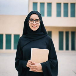 A high school girl wearing a hijab, abaya and glasses, confidently holding textbooks, standing in front of her school building.