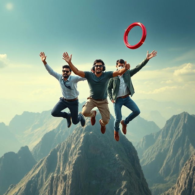 A cinematic, funny film poster featuring three distinct 27-year-old Indian men leaping off a massive mountain