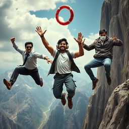 A cinematic, funny film poster featuring three distinct 27-year-old Indian men leaping off a massive mountain