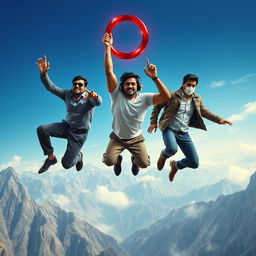 A cinematic, funny film poster featuring three distinct 27-year-old Indian men leaping off a massive mountain