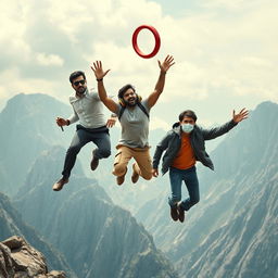 A cinematic, funny film poster featuring three distinct 27-year-old Indian men leaping off a massive mountain