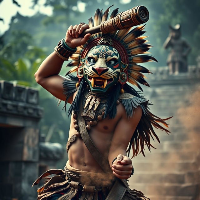 A middle-aged Aztec warrior wearing a striking jaguar mask, capturing his fierce and formidable presence