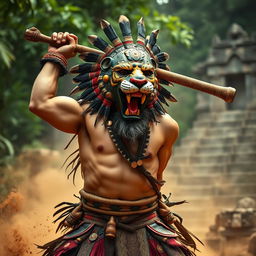 A middle-aged Aztec warrior wearing a striking jaguar mask, capturing his fierce and formidable presence