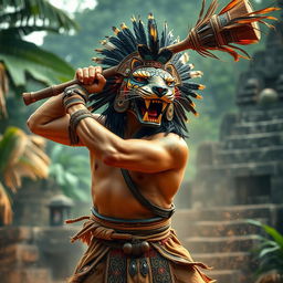 A middle-aged Aztec warrior wearing a striking jaguar mask, capturing his fierce and formidable presence