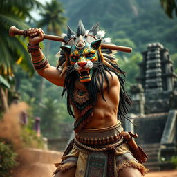 A middle-aged Aztec warrior wearing a striking jaguar mask, capturing his fierce and formidable presence