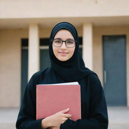 A high school girl wearing a hijab, abaya and glasses, confidently holding textbooks, standing in front of her school building.