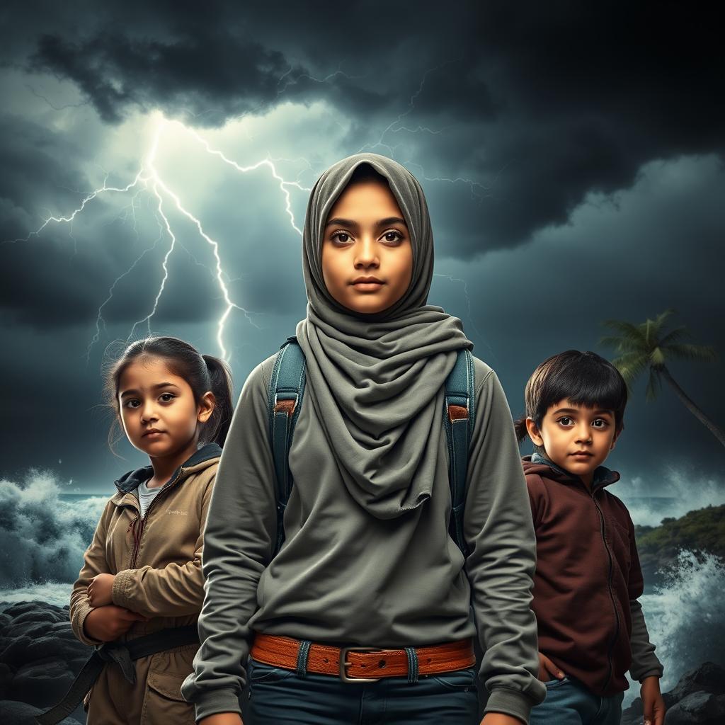 A beautiful girl wearing a hijab stands firmly against a storm, her face displaying determination and strength