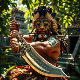 A middle-aged jaguar warrior, capturing an expression of fierce determination, is dynamically swinging an ornate Aztec sword