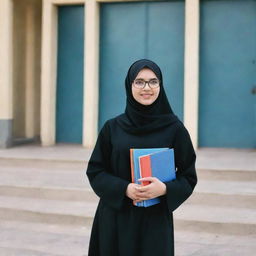 A high school girl wearing a hijab, abaya and glasses, confidently holding textbooks, standing in front of her school building.