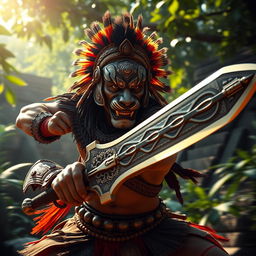 A middle-aged jaguar warrior, capturing an expression of fierce determination, is dynamically swinging an ornate Aztec sword