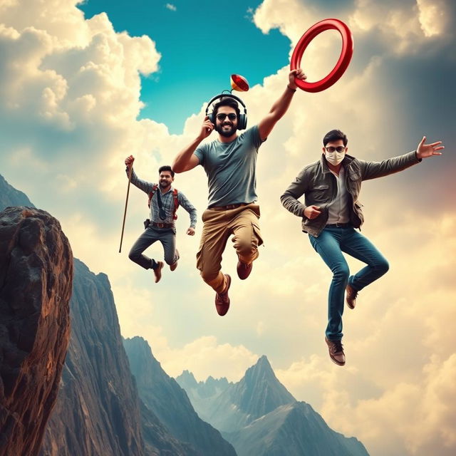 A cinematic film poster featuring three distinct 27-year-old Indian men leaping off a massive, dramatic mountain