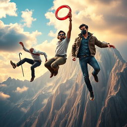 A cinematic film poster featuring three distinct 27-year-old Indian men leaping off a massive, dramatic mountain